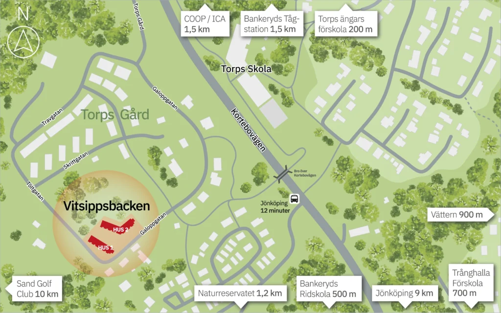 En områdeskarta var BRF Vitsippsbacken ligger